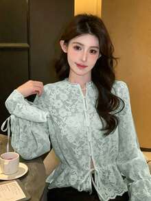 DAZY 女款純色蕾絲拼接抽繩下擺荷葉邊綁帶優雅度假襯衫，春秋長袖 - 綠色 - 查看 4
