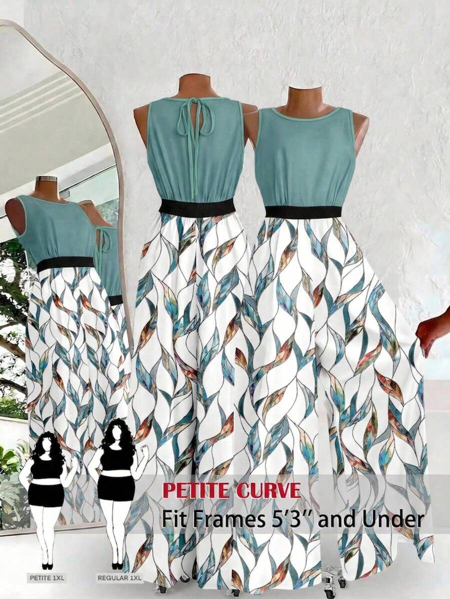 SHEIN PETITE CURVE 大码休闲度假印花拼接连体裤 - 彩色 - 查看 1