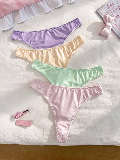 PetitDoll 4 chiếc quần lót dây thong xếp ly màu trơn thoải mái dành cho nữ