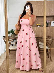 Weeklong Plus Size Women's Cherry Print Spaghetti Strap Dress, Casual Vacation Comfortable Outdoor Wear, Spring/Summer - Pink - View 4