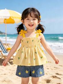 SHEIN Elladie kids 两件套女童休闲通勤甜美柠檬格纹印花无袖上衣搭配刺绣牛仔短裤，亮丽配色，适合春夏穿着 - 黃色 - 查看 3