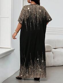 SHEIN Lady Váy dạ hội tay ngắn dệt kim nhiều màu sắc sang trọng cho dự tiệc đi làm văn phòng mùa xuân và mùa thu và mùa đông váy kaftan cỡ lớn - Vàng - Xem 2