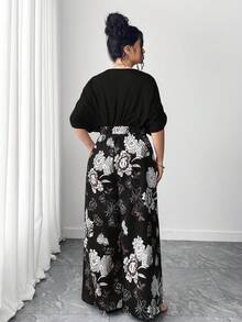 Elenzga Plus Size Solid Color & Printed Patchwork V-Neck Short Sleeve Jumpsuit - Black and White - View 2