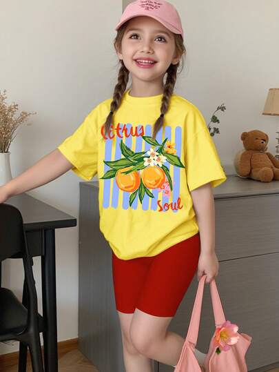 2pcs/Set Young Girl's Casual Retro American Style Sweet Summer Tropical Lemon Print Loose Fit Yellow & Red Short Sleeve T-Shirt And Shorts, Suitable For Beach Vacation