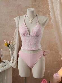 Swim Mod Bộ đồ bơi tankini đặc biệt dành cho kỳ nghỉ hè/xuân 26SS, chất liệu vải hoa phối màu tương phản, thích hợp cho kỳ nghỉ biển. - Hồng - Xem 2