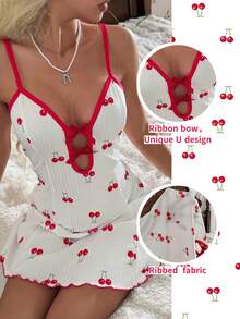 CottageSlumber Camisón de mujer con tirantes finos, fruncido y costilla de punto en color rojo cereza - Blanco - Ver 2