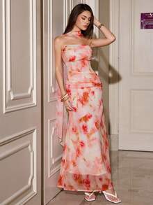 Modelyn 优雅浪漫印花露背系带连衣裙,适合女性,可作度假装、夏季服装、夏季沙滩装、女士海滩度假装,梦幻印花,浪漫粉彩印花连衣裙 - 粉色 - 查看 4