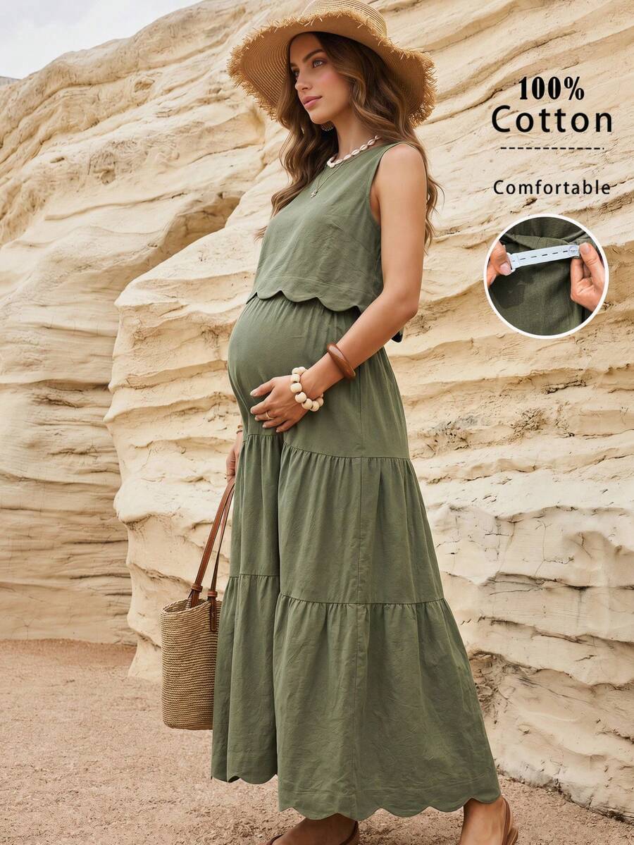 Boho Mama 孕妇度假纯色圆领吊带背心和可调节腰围中长裙休闲两件套