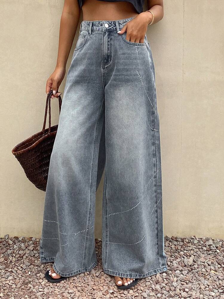 Women's Casual Fashion Street Style Versatile Daily Commute Washed Loose Wide-Leg Jeans