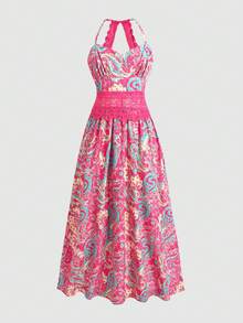 SHEIN 少女镂空吊带飘逸复古印花连衣裙，度假 - 粉色 - 查看 8