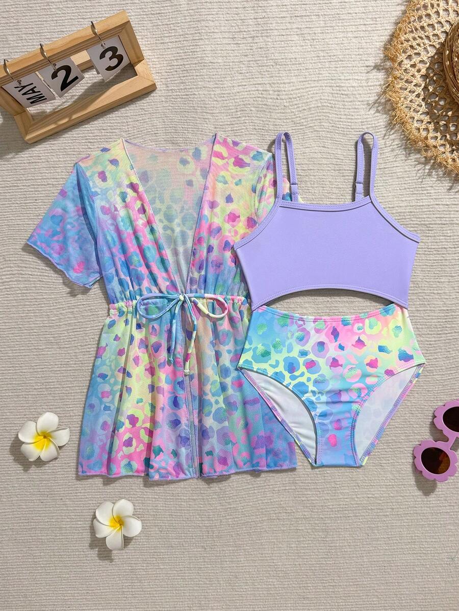 SHEIN 年轻女孩夏季连体吊带泳衣/两件套,带防晒衣和和服/甜甜圈印花,适合海滩度假 - 彩色 - 查看 1