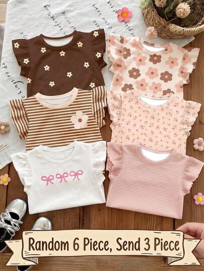 SHEIN Conjunto de 3 camisetas de manga abullonada con cuello redondo, con estampados florales bohemios en tonos pastel, rayas suaves en rosa y lazos 3D, atuendos casuales y versátiles para niñas jóvenes, adecuados para uso diario en primavera/verano, salidas, vacaciones y regreso a casa