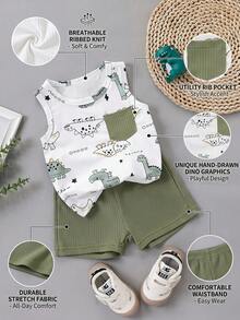 SHEIN Bộ đồ mùa hè cho bé trai gồm áo không tay cổ tròn in hình khủng long hoạt hình và quần short màu xanh lá cây, kiểu dáng năng động và dễ thương, phù hợp cho các hoạt động ngoài trời, mặc nhà thoải mái và những buổi tiệc tùng vui vẻ mùa hè. - Nhiều màu - Xem 2