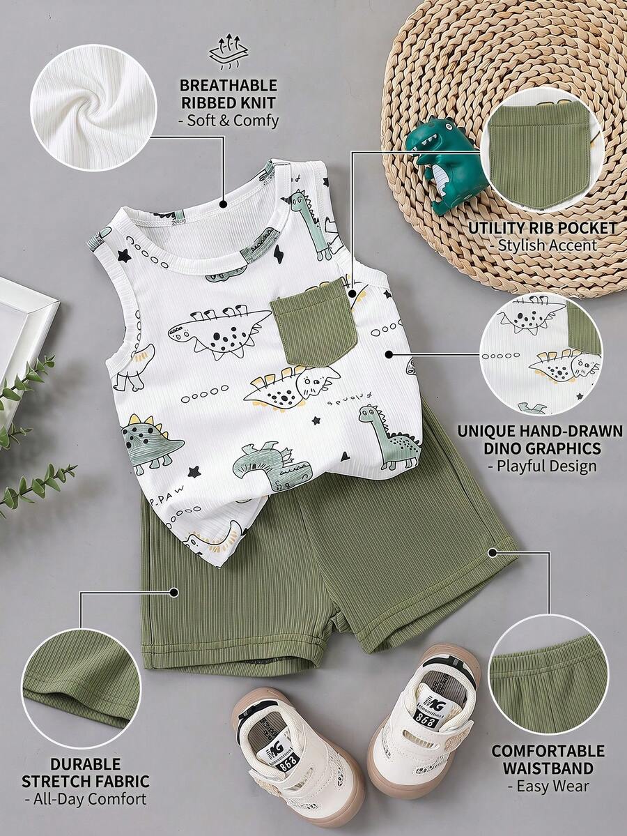 SHEIN Bộ đồ mùa hè cho bé trai gồm áo không tay cổ tròn in hình khủng long hoạt hình và quần short màu xanh lá cây, kiểu dáng năng động và dễ thương, phù hợp cho các hoạt động ngoài trời, mặc nhà thoải mái và những buổi tiệc tùng vui vẻ mùa hè.