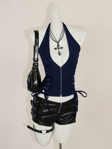SHEIN ICON Summer Y2K Navy Blue V Neck Going Out Night Out Concert Women's Black Goth Sexy Grommet Solid Color Fashion Side Cross Strap Halter Tank Top - Navy Blue - View 9
