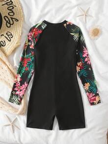SHEIN Tween Girls Tropical Plant Print Fitted Short Sleeve One-Piece Swimsuit,Casual Vacation,Suitable For Spring/Summer Travel,Beach Resort,Black - Black - View 2
