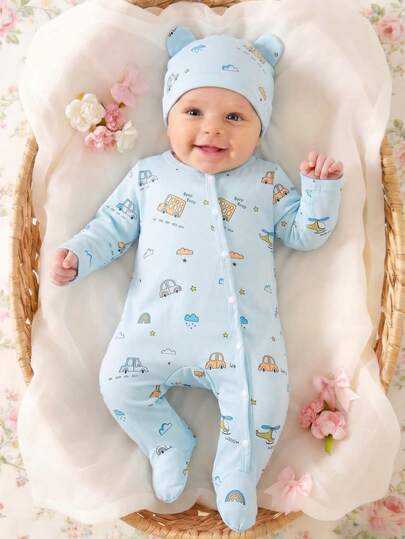 SHEIN Bộ 2 món áo liền quần dài tay in hình gấu hoạt hình cho bé sơ sinh (dành cho cả nam và nữ) kèm mũ, thích hợp cho mùa xuân, hè, thu, đông, mặc hàng ngày, tiệc sinh nhật, chụp ảnh.