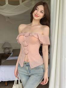 Joudiya 女款優雅灰粉色夏季茶會露肩荷葉邊3D花卉裝飾修身短袖上衣，適合音樂節、婚禮派對 - 粉色 - 查看 7