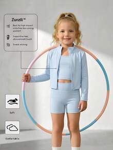 SHEIN Bộ 3 món thể thao mùa xuân/hè/thu cho bé gái, nhẹ nhàng, thoải mái gồm áo khoác cardigan cổ đứng có khóa kéo, áo vest ngắn cổ tròn và quần short ôm eo co giãn. - Màu xanh lam - Xem 3