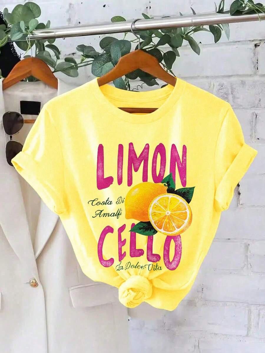 EMERY ROSE 1件装 LIMONCELLO 女士柠檬印花休闲T恤,亮丽的柠檬色和活力四射的色彩,充满夏日阳光和活力,是完美的节日礼物。“外出辣妹”必备单品!这款T恤还能修饰身材! - 黃色 - 查看 1