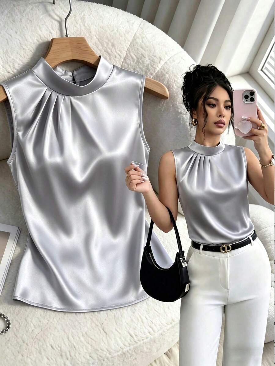EMERY ROSE Elegant Romantic Pleated Detail Fabric Shirt For Women - Grey - View 1