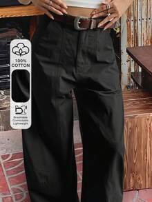 Livesso Pantalones de pierna acampanada de cintura alta de unicolor casual para mujer - Negro - Ver 1