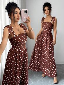Rafferiza Đầm nữ thời trang thanh lịch, kiểu dáng dây mảnh, thắt nơ, xẻ tà, họa tiết chấm bi, thích hợp cho kỳ nghỉ, đi làm hoặc dạo phố. - màu nâu - Xem 1