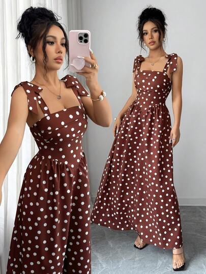Rafferiza Women's Fashionable Elegant Vacation Spaghetti Strap Tie Bow Split Hem Polka Dot Print Dress, Polka Dot Dress, Printed Dress, Spaghetti Strap Dress, Vacation Dress, Commute & Outing Dress