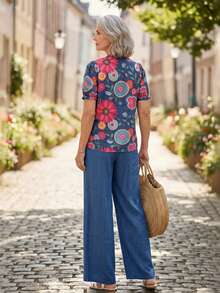 EMERY ROSE Purple Floral Shirt And Solid Color Pants Set For Middle-Aged And Elderly Women Holiday Summer Casual Modest - Multicolor - View 2