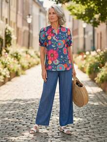 EMERY ROSE Purple Floral Shirt And Solid Color Pants Set For Middle-Aged And Elderly Women Holiday Summer Casual Modest - Multicolor - View 7