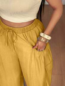 Maweii Pantalones anchos de mujer talla grande con bolsillo de carga y cordón en la cintura, de unicolor - Amarillo - Ver 6