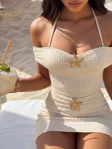 Bonvoyette Conjunto de 2 piezas de traje de baño elegante con hombros descubiertos y estrella de mar, con minifalda, Primavera/Verano 26SS - Beis - Ver 4
