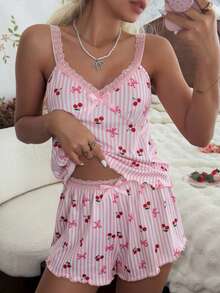 CottageSlumber Cherry Bow Pattern Pink Striped Lace Camisole And Shorts Pajama Set - Pink - View 4