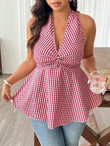 Weeklong Plus Size Women's Minimalist Fashion Woven Sleeveless Shirred Tie-Up Vintage Red & White Plaid Twist Waist A-Line Summer Blouse - Red and White - View 7