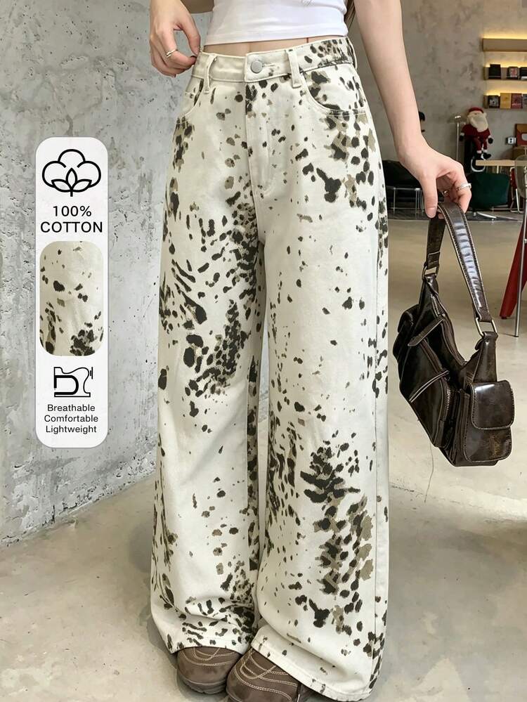Women's Casual Washed Vintage Print Denim Jeans