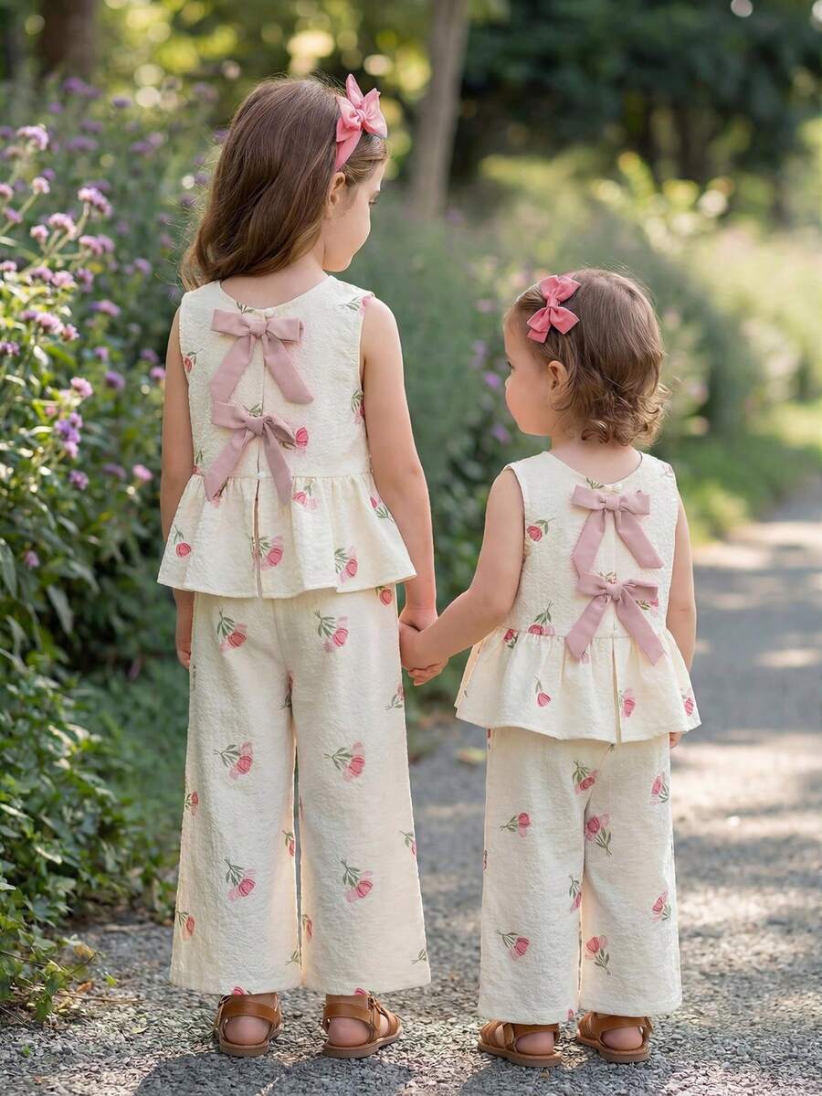 Emery Rose Kids Emery Rose Kids 两件套少女格子圆领修身休闲上衣和宽松休闲裤套装 - 白色 - 查看 1
