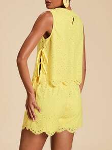 Travachic Women's Hollow Embroidery Tank Top And Shorts Casual Set For Vacation - Yellow - View 2