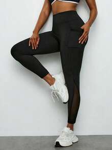 Levarali Plus Size Women's Mesh Side Phone Pocket Sports Leggings, Yoga Pants For Fitness, Running, Gym, Pilates, Outdoor Casual Wear, Spring/Summer, Summer Outfits For Women,Women's Gym Clothes,Gym,Women's Sweatpants,Sweatpants,Black Pants - Black - View 2