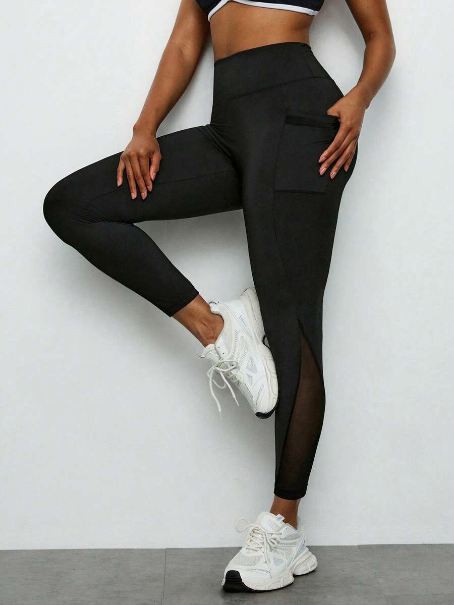 Levarali Plus Size Women's Mesh Side Phone Pocket Sports Leggings, Yoga Pants For Fitness, Running, Gym, Pilates, Outdoor Casual Wear, Spring/Summer, Summer Outfits For Women,Women's Gym Clothes,Gym,Women's Sweatpants,Sweatpants,Black Pants
