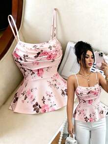 SHEIN Elenzya Mejor vendido Parte superior de camisola con estampado de rosas, tirantes finos, cintura fruncida y bajo acampanado, ideal para vacaciones de verano - Rosa - Ver 1