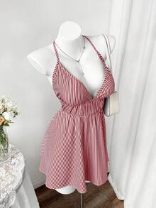 Rustia Plus Size Women Striped Deep V-Neck Backless Dress - Red - View 4