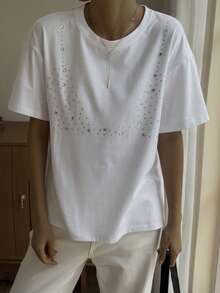 Livesso Camiseta de manga corta con cuello redondo, con diamante de imitación, de uso casual y versátil para uso diario - Blanco - Ver 6