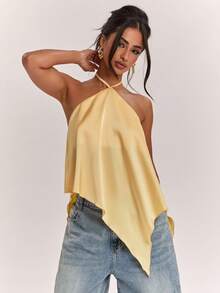 SHEIN BAE Áo hai dây satin màu vàng trơn, kiểu dáng thường ngày, hở lưng, vạt bất đối xứng, thích hợp cho kỳ nghỉ biển, kỳ nghỉ thư giãn cùng chị em, áo hai dây thanh lịch, áo hai dây satin tiện dụng, áo hai dây satin màu vàng, áo hai dây sang trọng. - Vàng nhạt - Xem 5