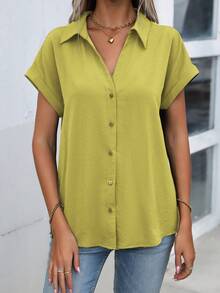 EMERY ROSE Women's Solid Color Single-Breasted Casual Versatile Daily Wear Shirt - Lime Green - View 5