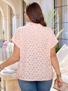 Rosumi Plus Size Women's Summer Elegant Pastel Pink Floral Embroidery Ruffle Collar Blouse,Everyday Casual Boho Hollow-Out Top,Vacation Country Style Shirt - Dusty Pink - View 10