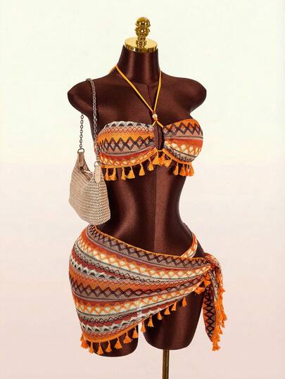 Amplova Women's Summer Beach Color Block Halter Tie Sexy Bikini And Triangle Panty Swimsuit Set With Mini Skirt