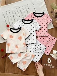 LMoss Kids 6pcs/Set Baby Girl Knitted Heart Pattern Round Neck T-Shirt And Shorts Pajamas - Multicolor - View 5