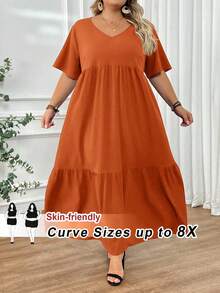 SHEIN CURVE+ 大码长款沙滩度假连衣裙 波西米亚风 夏季/乡村/沙滩度假装/沙滩装/沙滩服饰 - 鏽棕色 - 查看 10