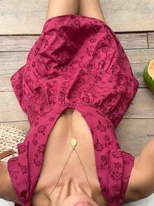SHEIN SunnyBelle 女士新年、万圣节、圣诞节、感恩节服装，适合派对、通勤、日常、旅行、度假。女士黄色花卉刺绣镂空深V领无袖蝴蝶结A字迷你连衣裙 - 酒紅色 - 查看 3
