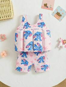 SHEIN 女童针织彩虹独角兽图案无袖连体泳衣 - 白色 - 查看 2